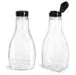 Plastic Bottles, Clear PET Oblong Sauce Bottles with Smooth Black Induction Lined Snap-Top Caps