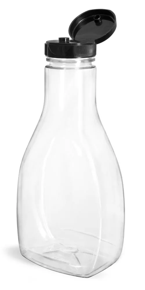 16 oz Plastic Bottles, Clear PET Oblong Sauce Bottles w/ Black PS22 Lined Snap-Top Caps