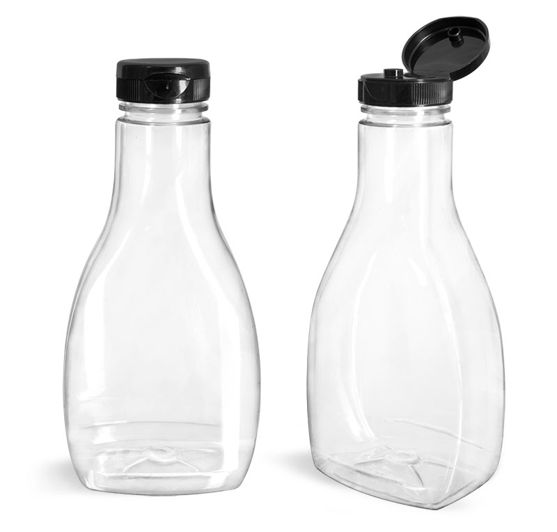 Plastic Bottles, Clear PET Oblong Sauce Bottles w/ Black PS22 Lined Snap-Top Caps
