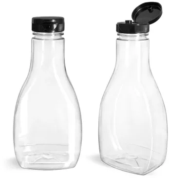 PET Clear Oblong Sauce Bottles w/ Black PS22 Lined Snap-Top Caps