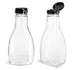 Plastic Bottles, Clear PET Oblong Sauce Bottles w/ Black PS22 Lined Snap-Top Caps