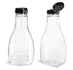 Plastic Bottles, Clear PET Oblong Sauce Bottles w/ Black PS22 Lined Snap-Top Caps