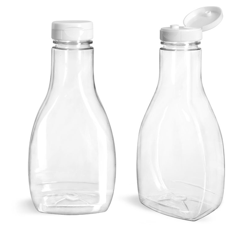 PET Plastic Bottles, Clear Oblong Sauce Bottles w/ White PS22 Lined Snap-Top Caps