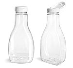 Plastic Bottles, Clear PET Oblong Sauce Bottles w/ White PS22 Lined Snap-Top Caps