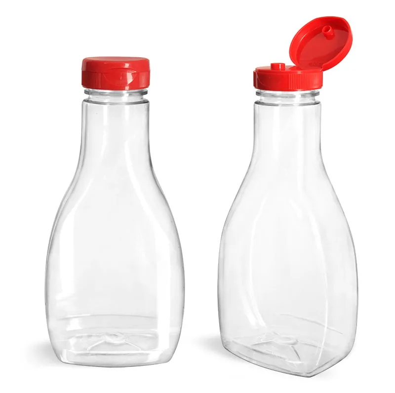 PET  Clear Oblong Sauce Bottles w/ Red PS22 Lined Snap-Top Caps