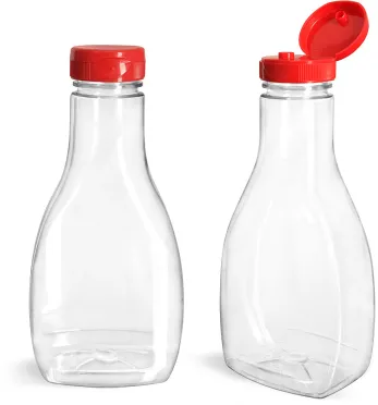 PET Clear Oblong Sauce Bottles w/ Red PS22 Lined Snap-Top Caps