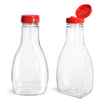 Clear Oblong Sauce Bottles w/ Red PS22 Lined Snap-Top Caps