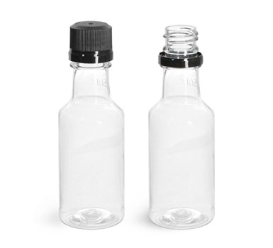 Plastic Bottles, Clear PET Nip Bottles with Black Tamper Evident Caps