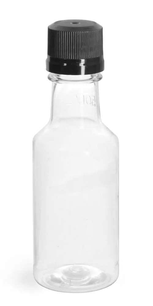 50 ml PET Plastic Bottles, Clear Nip Bottles w/ Black Tamper Evident Caps