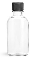 Plastic Bottles, 100 ml Clear PET Flasks w/ Black Ribbed Lined Caps