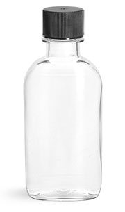Plastic Bottles, 100 ml Clear PET Flasks w/ Black Ribbed Lined Caps