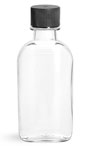 PET Plastic Bottles, Clear Flasks w/ Black Ribbed Lined Caps