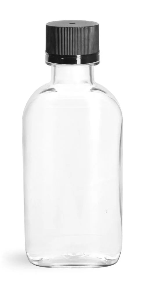 100 ml  Clear PET Flasks w/ Black Tamper Evident Caps