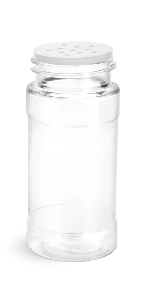 4 oz Clear PET Spice Bottles w/ White Unlined Caps and Sifter Fitments