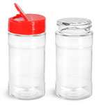 PET Plastic Bottles, Clear Spice Bottles w/ Red Pressure Sensitive Lined Caps