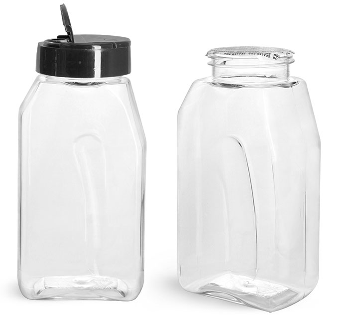 Plastic Bottles, Clear PET Gripped Spice Bottles w/ Black Pressure Sensitive Lined Caps