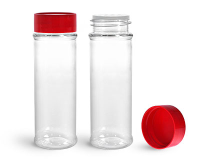 Plastic Bottles, Clear PET Spice Bottles w/ Sifters and Red Unlined Caps