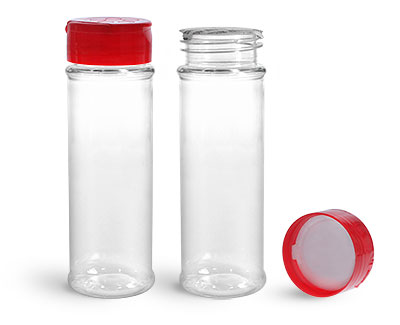Plastic Bottles, Clear PET Spice Bottles w/ Red Pressure Sensitive Lined Caps