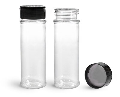 Plastic Bottles, Clear PET Spice Bottles w/ Black Pressure Sensitive Lined Caps