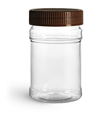 Plastic Jars, 10 oz Clear PET Plastic Jars w/ Brown Ribbed Induction Lined Caps