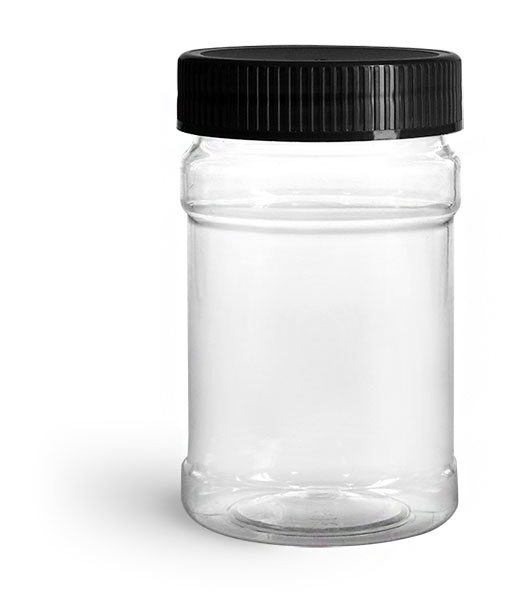 Plastic Jars, 10 oz Clear PET Plastic Jars w/ Black Ribbed Induction Lined Caps