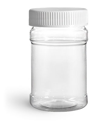 Plastic Jars, 10 oz Clear PET Plastic Jars w/ White Ribbed Induction Lined Caps