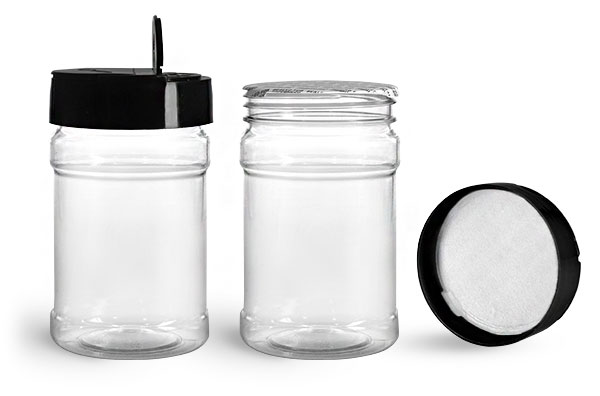 10 oz Clear PET Spice Bottles w/ Black Pressure Sensitive Lined Caps