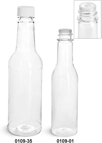 Plastic Bottles, Clear PET Sauce Bottles w/ White Ribbed Lined Caps & Orifice Reducers