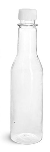 Plastic Bottles, Clear PET Sauce Bottles w/ White Ribbed Lined Caps & Orifice Reducers