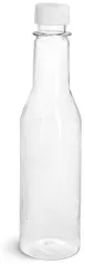 PET Clear Sauce Bottles w/ White Ribbed Lined Caps & Orifice Reducers