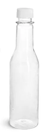 PET  Clear Sauce Bottles w/ White Ribbed Lined Caps & Orifice Reducers