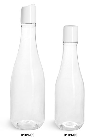 Plastic Bottles, Clear PET Woozy Bottles w/ White Disc Top Caps