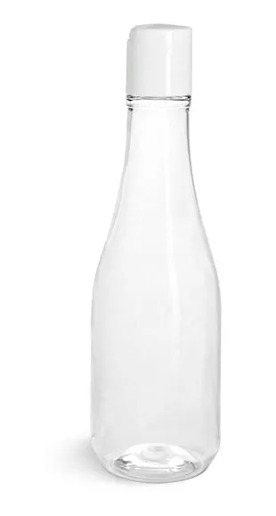 PET Plastic Bottles, Clear Woozy Bottles w/ White Disc Top Caps