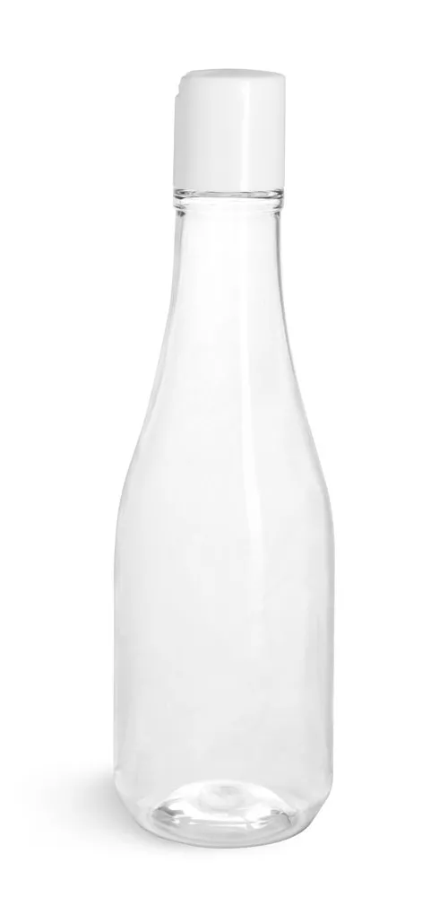 8 oz Clear PET Woozy Bottles w/ White Disc Top Caps
