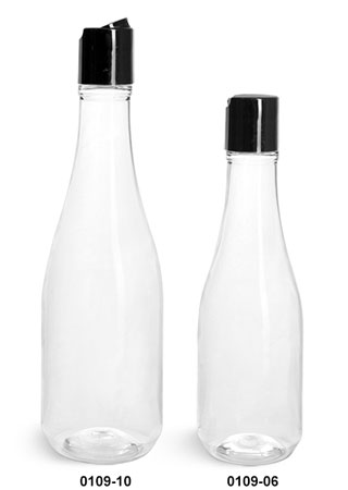 Plastic Bottles, Clear PET Woozy Bottles w/ Black Disc Top Caps