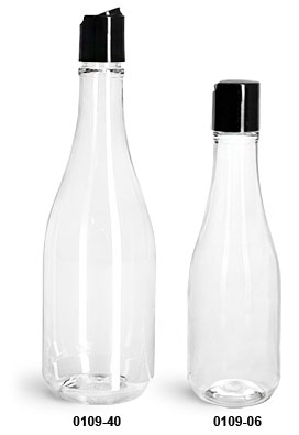 Plastic Bottles, Clear PET Woozy Bottles w/ Black Disc Top Caps