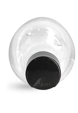PET Plastic Bottles, Clear Woozy Bottles w/ Black Disc Top Caps