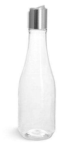 Plastic Bottles, Clear PET Woozy Bottles w/ Silver Disc Top Caps