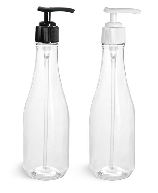 PET Plastic Bottles, Clear Woozy Bottles w/ White and Black Lotion Pumps