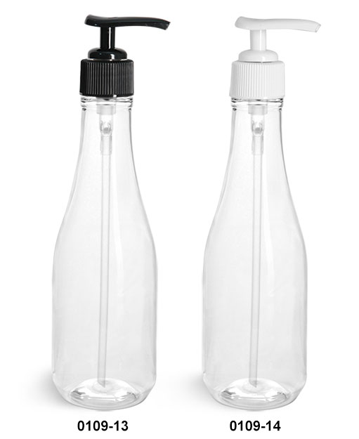 Plastic Bottles, Clear PET Woozy Bottles w/ White and Black Lotion Pumps