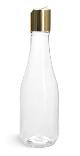 Plastic Bottles, Clear PET Woozy Bottles w/ Gold Smooth Disc Top Caps