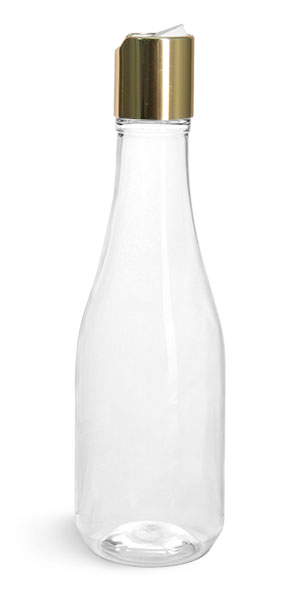 Plastic Bottles, Clear PET Woozy Bottles w/ Gold Smooth Disc Top Caps