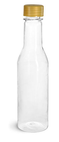 PET Plastic Bottles, Clear Sauce Bottles w/ Gold Ribbed Lined Caps & Orifice Reducers