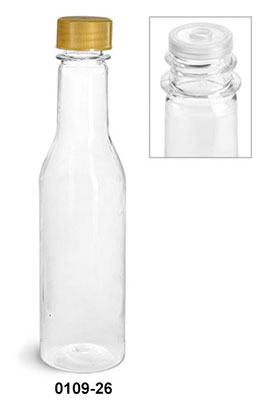 Plastic Bottles, Clear PET Sauce Bottles w/ Gold Ribbed Lined Caps & Orifice Reducers