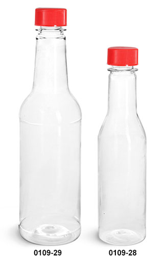 Plastic Bottles, Clear PET Sauce Bottles w/ Red Ribbed Lined Caps & Orifice Reducers
