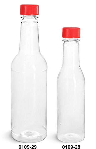 Plastic Bottles, Clear PET Sauce Bottles w/ Red Ribbed Lined Caps & Orifice Reducers