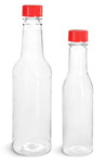 PET Plastic Bottles, Clear Sauce Bottles w/ Red Ribbed Lined Caps & Orifice Reducers