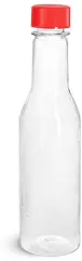 PET Clear Sauce Bottles w/ Red Ribbed Lined Caps & Orifice Reducers