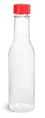 PET Plastic Bottles, Clear Sauce Bottles w/ Red Ribbed Lined Caps & Orifice Reducers