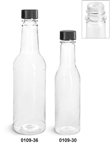 Plastic Bottles, Clear PET Sauce Bottles w/ Black Ribbed Lined Caps & Orifice Reducers